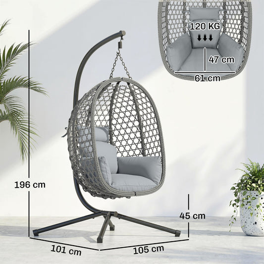 Outsunny Hanging Egg Chair, Indoor Outdoor Rattan Hammock Swing Chair with Stand, Safety Strap, Foldable Basket, Dark Grey