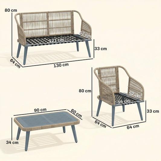 Outsunny 4 Piece Rattan Garden Furniture Set with Loveseat, Armchairs, Wood Table, Wicker Patio Conversation Set, Grey