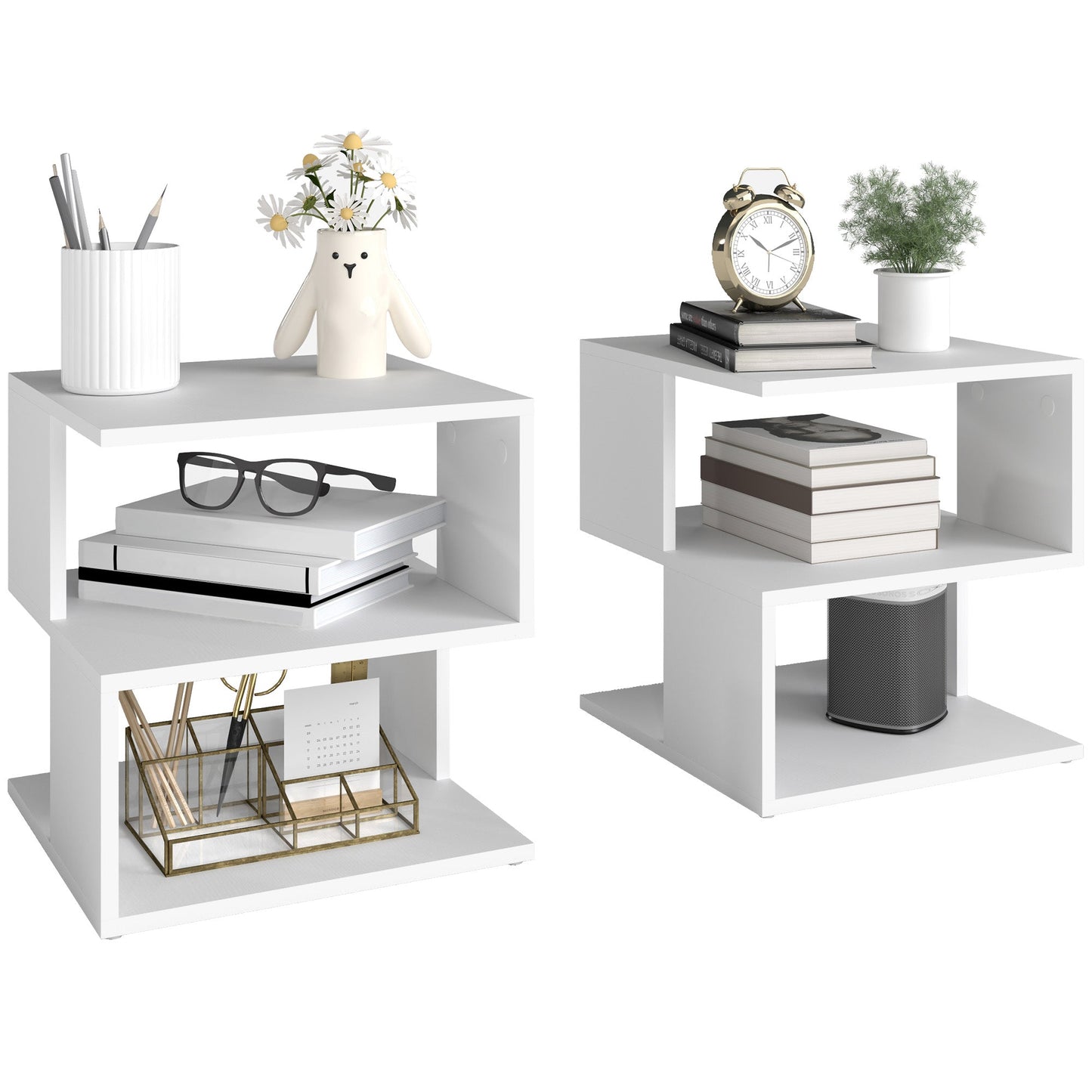 HOMCOM Set of 2 Side Table, Square Coffee Table, Modern End Table with 2 Tier Storage Shelves for Living Room, Bedroom, White