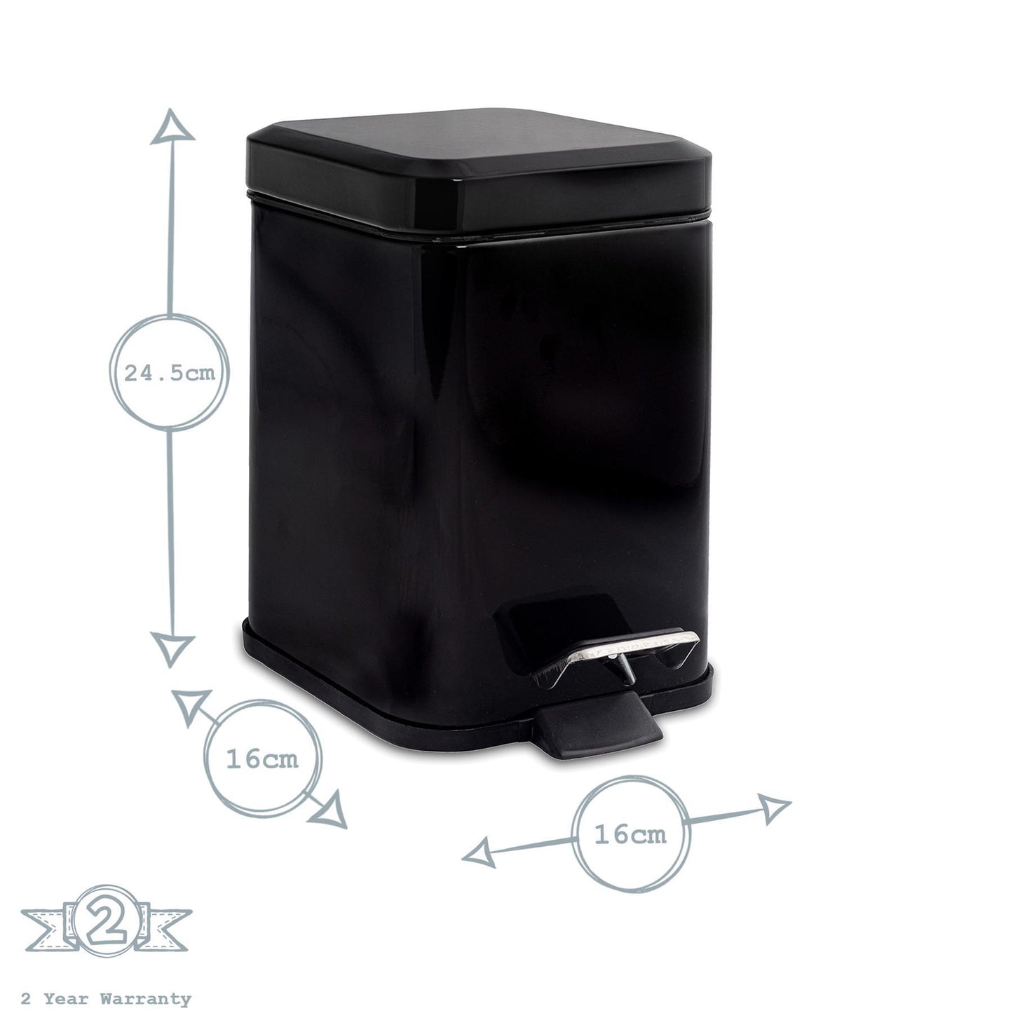 3L Black Square Bathroom Pedal Bin
