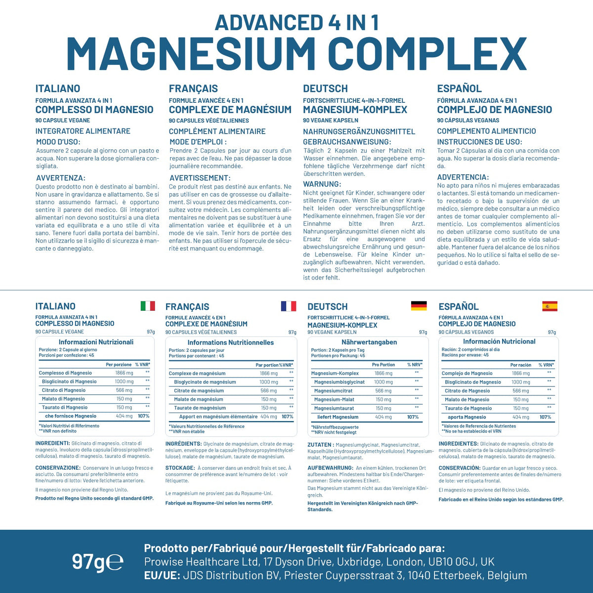 Prowise Magnesium Glycinate Complex 4-in-1 – 1866mg Blend | 404mg Elemental Magnesium | 90 Vegan Capsules