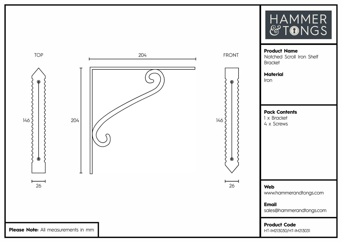 205mm Notched Scroll Iron Shelf Bracket
