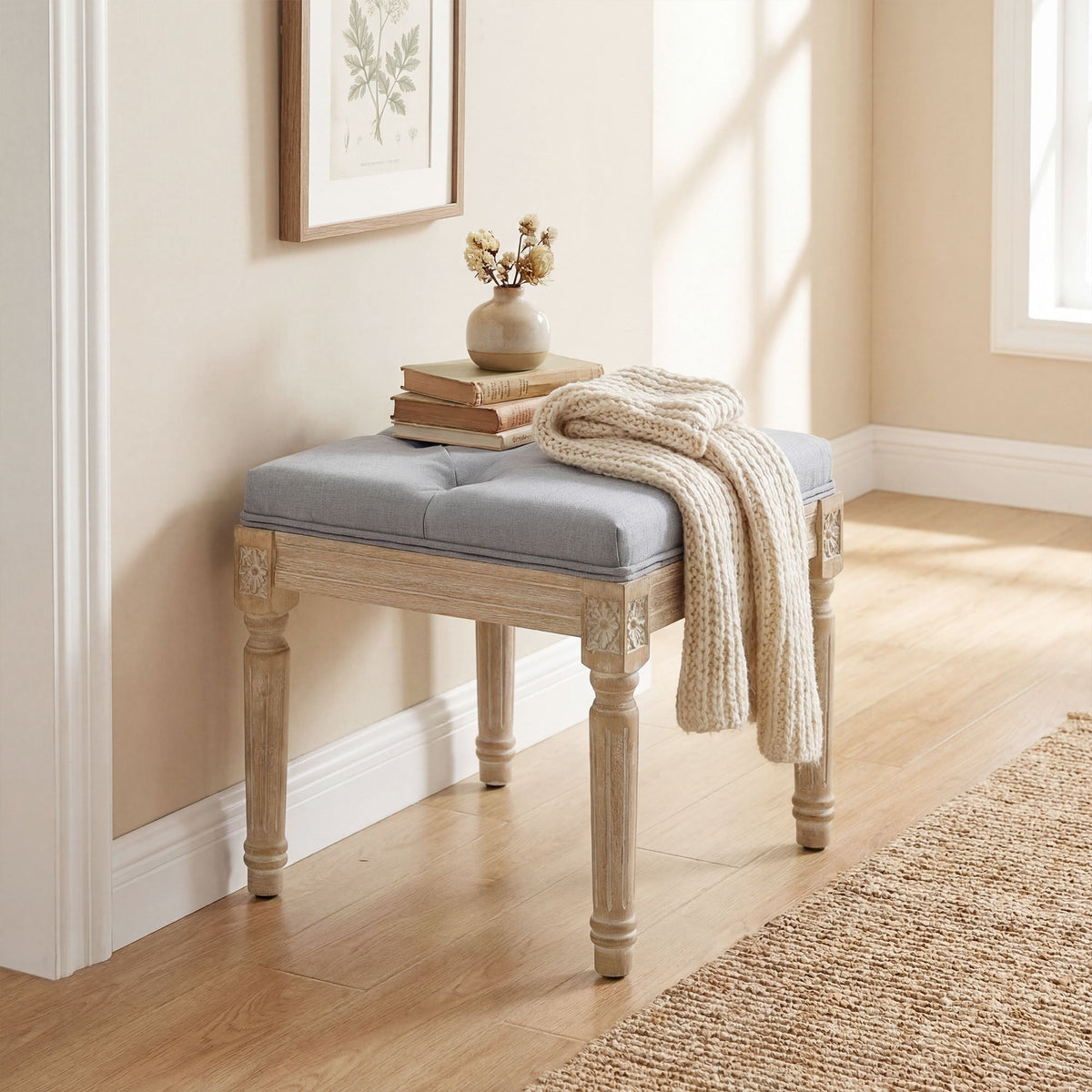 HOMCOM Vintage Foot Stool, Tufted Square Footrest with Wood Legs, Light Grey