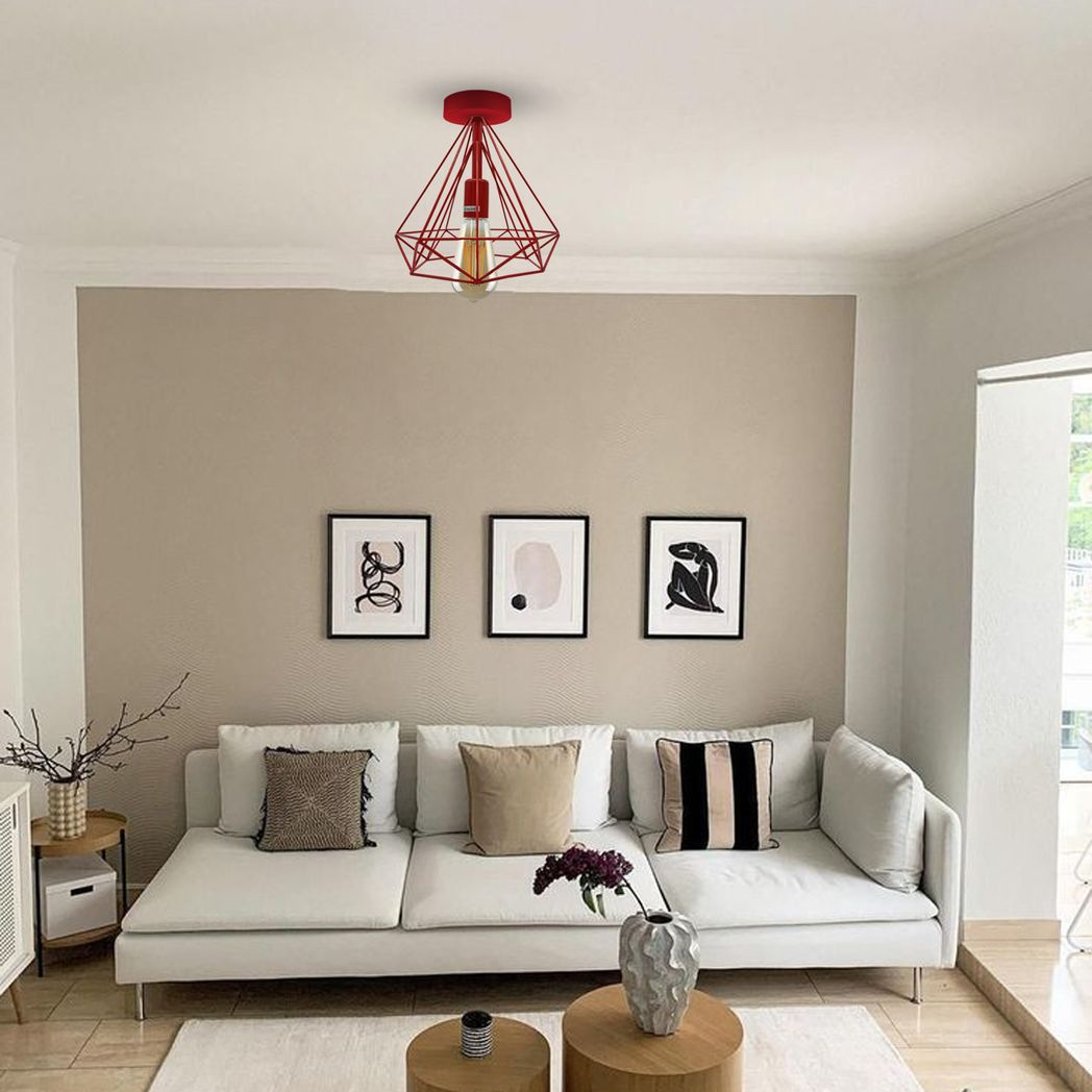 Red Vintage Semi Flush Mount Ceiling Light Fixture Metal Cage Ceiling Lampshade with E27 Holder