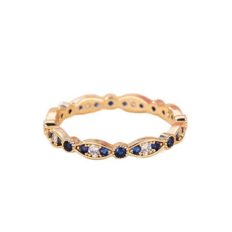 Golden Royal Blue Diamond-Edged White Diamond Light Luxury Women's Ring