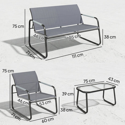 Outsunny 4 Piece Garden Furniture Set, Garden Sofa Set with Loveseat, 2 Armchairs, Tempered Glass Table for Balcony, Grey