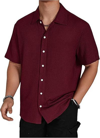 Men's Solid Color Short Sleeve Shirt Fashion Casual Button Lapel Tops Clothing