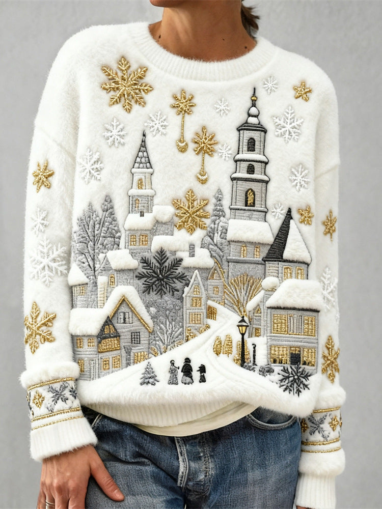 Women's Christmas Crew-neck Patterned Top
