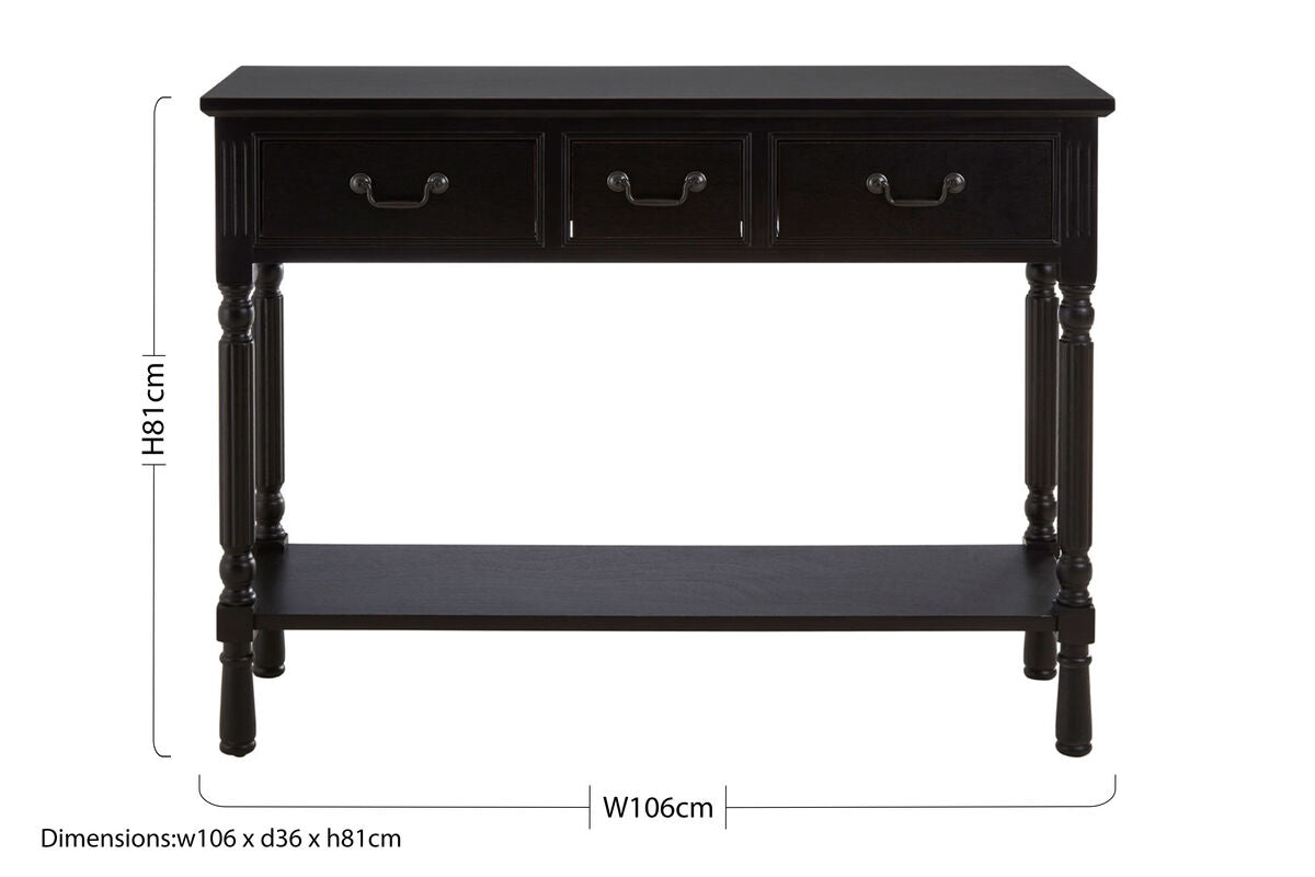 Heritage Three Drawer Vintage Black Console Table