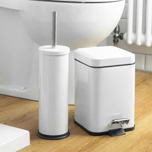 White Round Toilet Brush & Square Bin Set