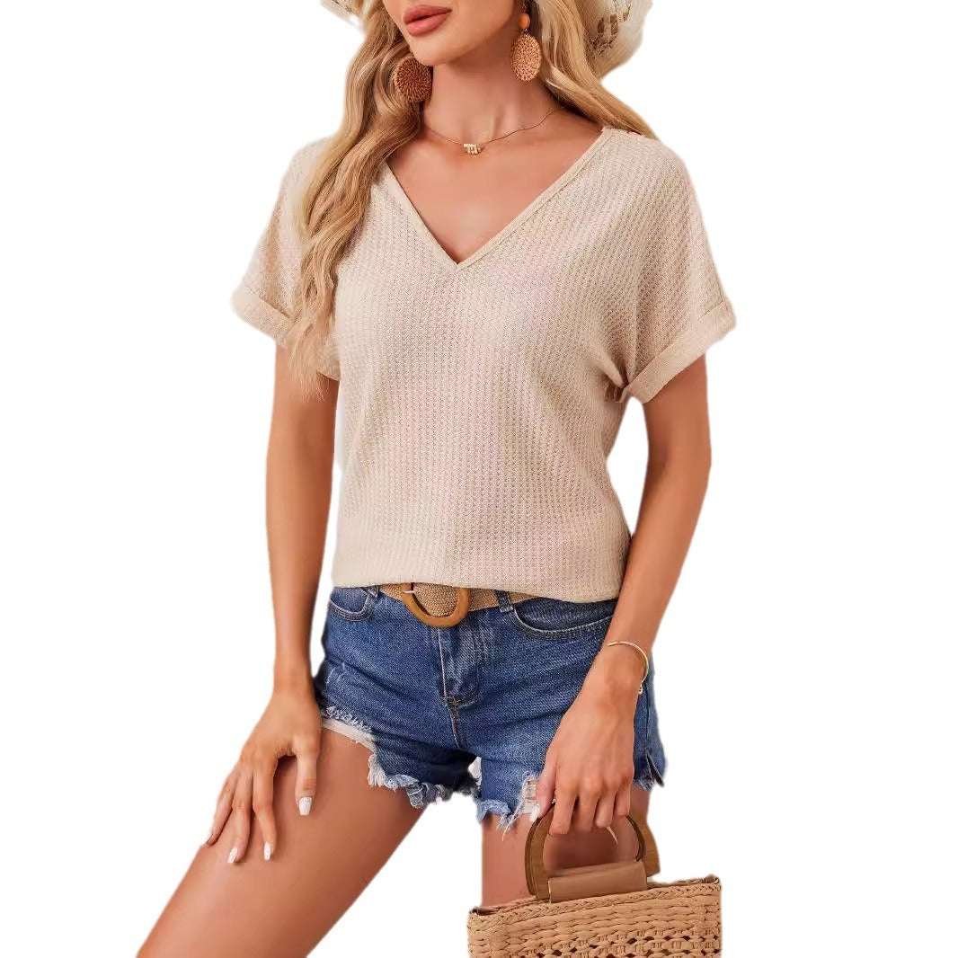 V-neck Back-cutout Patchwork Fashionable Lace Batwing-sleeve T-shirt