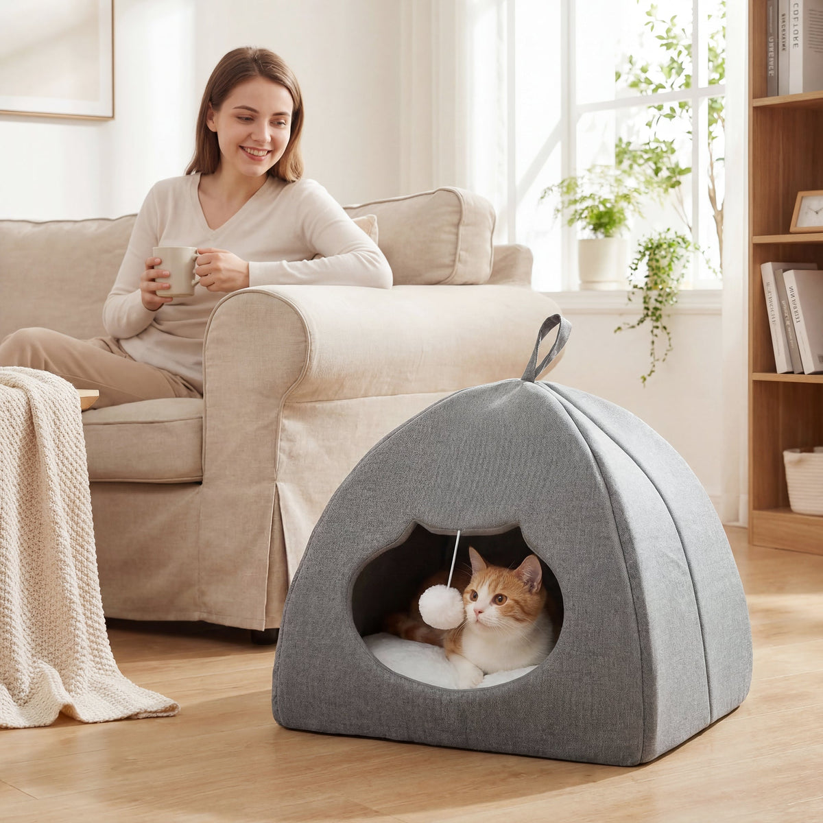 PawHut Cat Cave Bed for Indoor Kittens, Cat House with Removable Cushion and Teaser Ball, Kitty Igloo with Anti-Slip Base, 42 x 42 x 39 cm, Grey