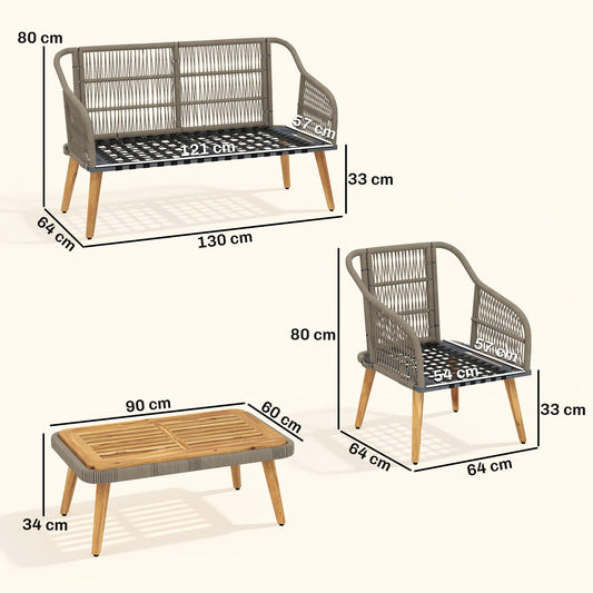 Outsunny 4 Piece Rattan Garden Furniture Set with Loveseat, Armchairs, Wood Table, Wicker Patio Conversation Set, Cream White