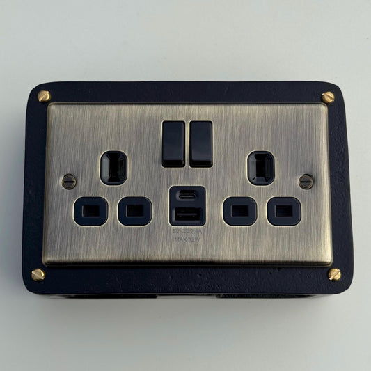 Antique Brass Double Gang Plug Socket with Industrial Black Cast Back Conduit Box