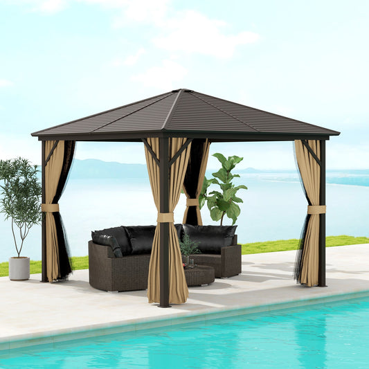 Outsunny 3 x 3(m) Metal Hardtop Gazebo, with Curtains and Accessories - Brown