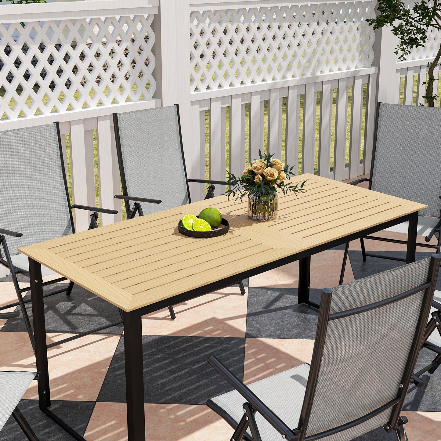 Outsunny Garden Dining Table, 175 x 78 x 75 cm Rectangle Outdoor Table for 6 People with Slatted Table Top, Metal Frame, for Balcony, Deck, Teak