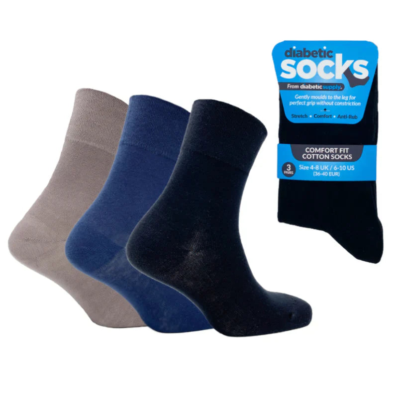 3 Pairs Black/Blue/Grey - Diabetic Soft Grip Non Elastic Loose Weave Top Diabetic Socks Size 4-8