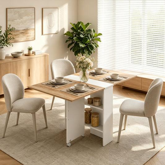HOMCOM Folding Dining Table, Drop Leaf Table with 2-Tier Shelves, Rolling Casters, White and Natural