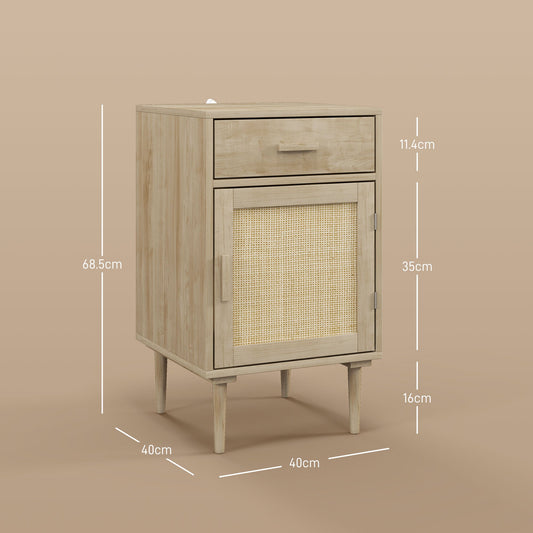 HOMCOM Bedside Tables Set of 2, Rattan Side Tables with Drawer, Cabinet and Adjustable Shelf, Boho Bedside Cabinets with Storage for Bedroom, Living Room, Natural Wood Finish