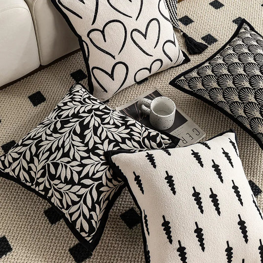 Modern Minimalist Refreshing Black White Sofa Pillow Backlight Luxury Bedside Cushion Cover Stripe Plant Floral Heart Shape Pattern