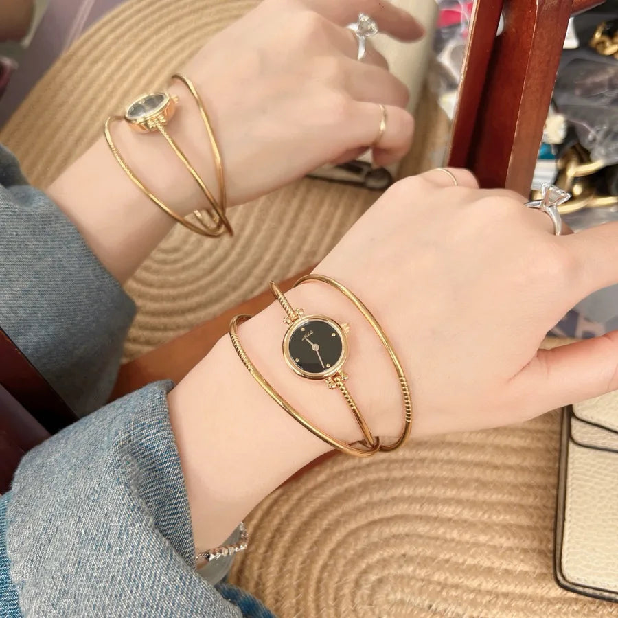 Waterproof Gold Quartz Watch Bracelet Style Three Rings Ladies Elegant Fashion Stainless Steel Band Mineral Glass Face Round Dial