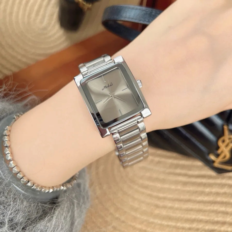 Mishali Large Dial Stainless Steel Strap Women's Watch Fashionable Minimalist Square Face Quartz Movement Butterfly Buckle Clasp