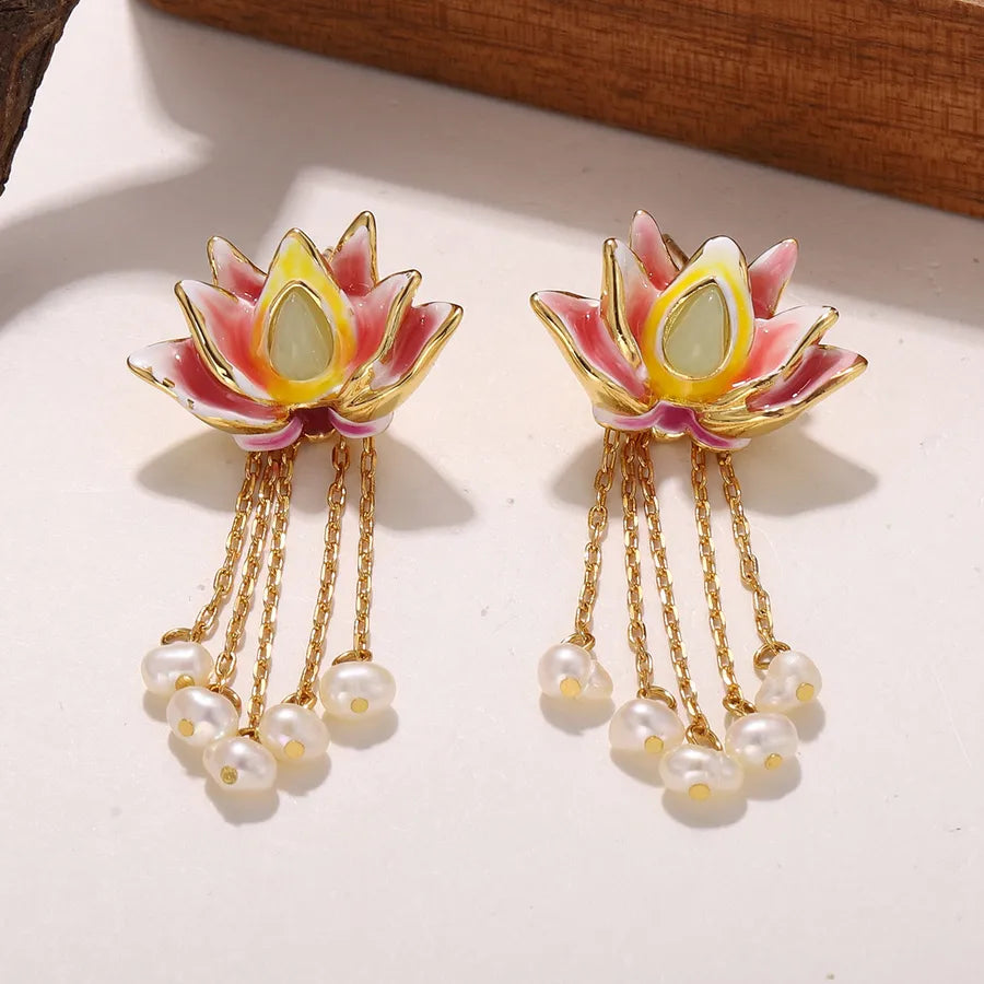 1 Pair Casual Elegant Flower Copper Freshwater Pearl 18K Gold Plated Drop Earrings