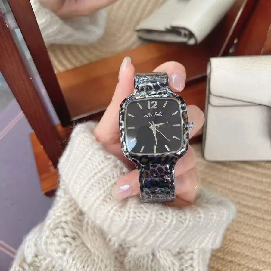Mishali Square Large Dial Fashionable Women's Watch Stainless Steel Strap Leopard Print Casual Style Quartz Movement Mineral Glass