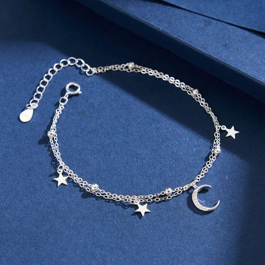 1 Piece 925 Sterling Silver Star Moon Zircon White Gold Plated 925 sterling silver cable chain Bracelets