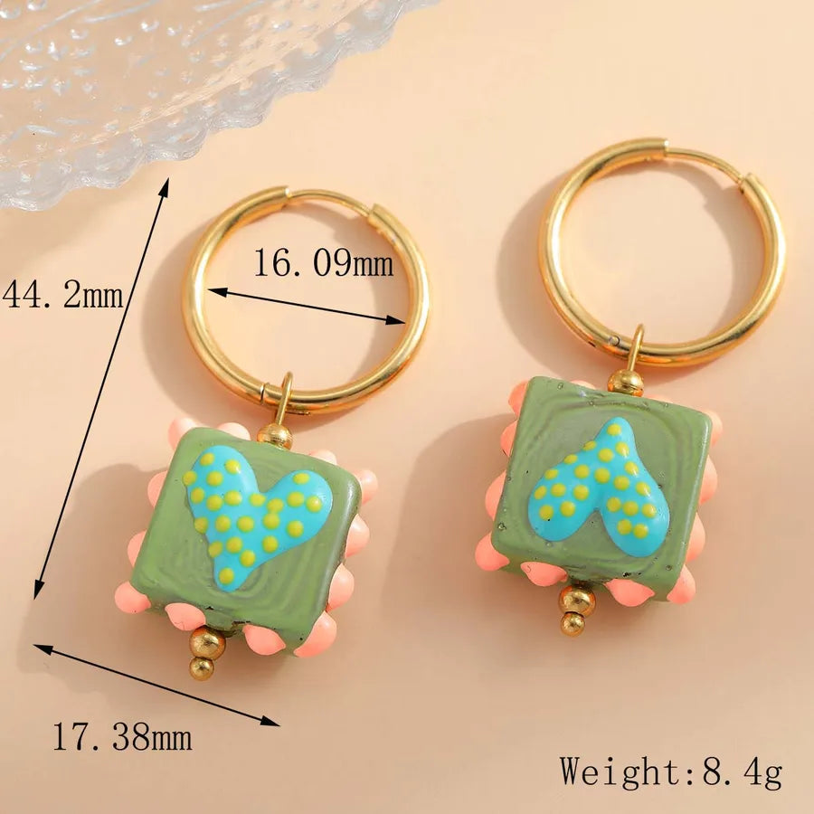 1 Pair Casual Cute Sweet Square Heart Shape Enamel Plating 304 Stainless Steel 18K Gold Plated Drop Earrings Earrings