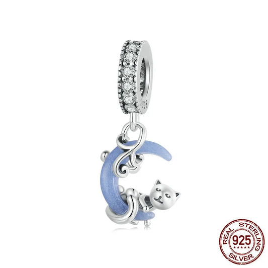 1 Piece 9 * 21mm Hole 4~4.9mm 925 Sterling Silver Zircon Moon Cat Polished Pendant Jewelry Accessories