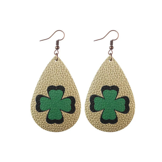 1 pair fashion four leaf clover water droplets pu leather st. patrick women's drop earrings