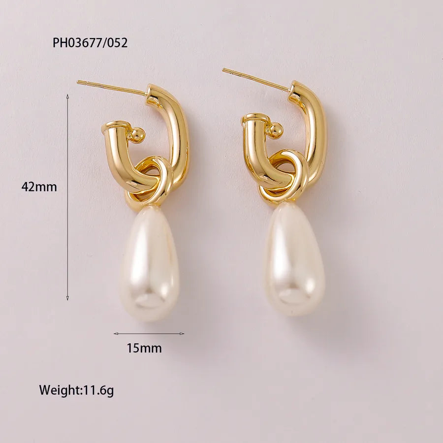 1 Pair Romantic Geometric Freshwater Pearl Copper Pearl 14K Gold Plated Drop Earrings