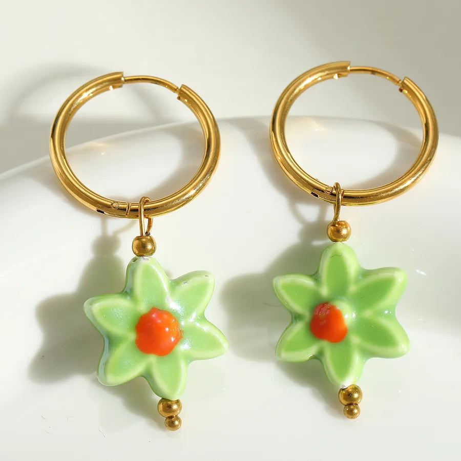 1 Pair Cute Romantic Artistic Flower Plating Inlay 304 Stainless Steel ceramics 18K Gold Plated Earrings