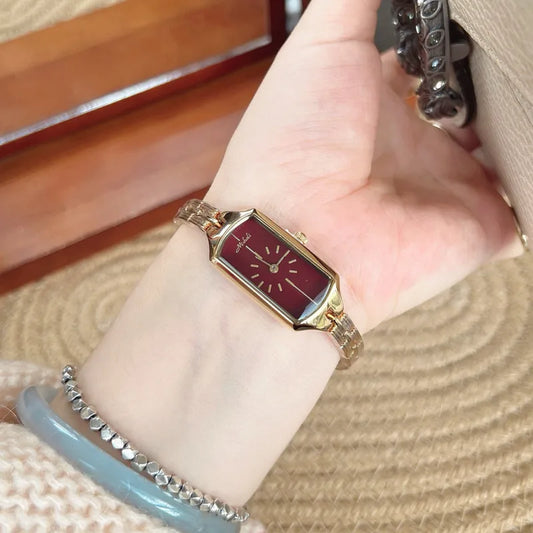Fashionable Minimalist Retro Rectangle Stainless Steel Band Women's Watch Small Size Alloy Dial Butterfly Double Buckle Clasp