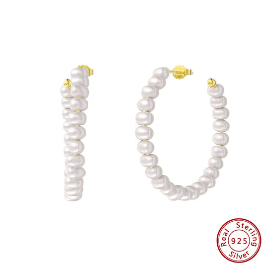 1 Pair 925 Sterling Silver Freshwater Pearl C Shape Ear Studs