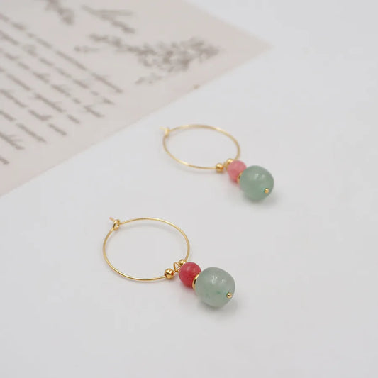 1 Pair Chinoiserie Vintage Style Lady Geometric natural stone Copper Gold Plated Drop Earrings