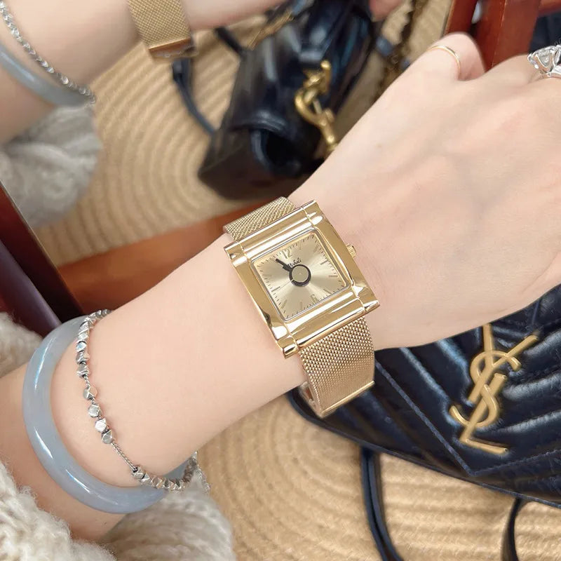 Fashionable Leopard Print Gold Tone Quartz Watch For Women Stylish Milisha Square Face Stainless Steel Band Trendy Accessory