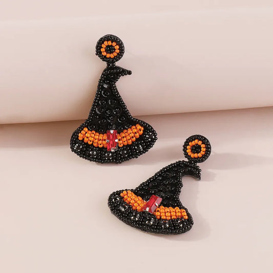 1 Pair Halloween Gothic French Style witch hat Beaded Bead Sequins Rhinestone Pu Bottom Drop Earrings