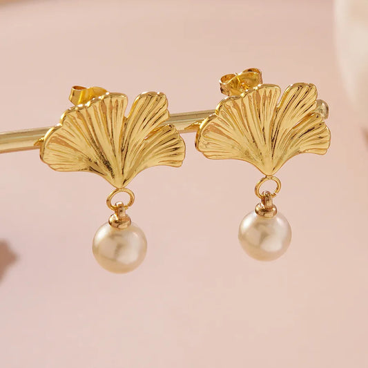 1 Pair Elegant Sweet Flower Ginkgo Leaf 304 Stainless Steel Imitation Gold Drop Earrings
