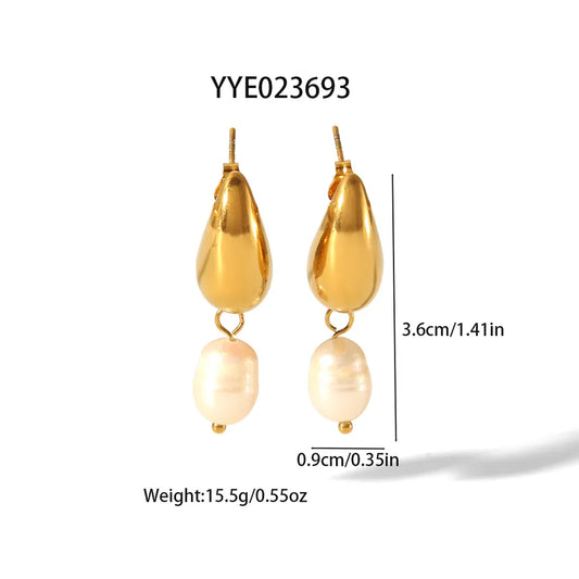 1 Pair Elegant Luxurious French Style Water Droplets Polishing 304 Stainless Steel Freshwater Pearl 18K Gold Plated Drop Earrings