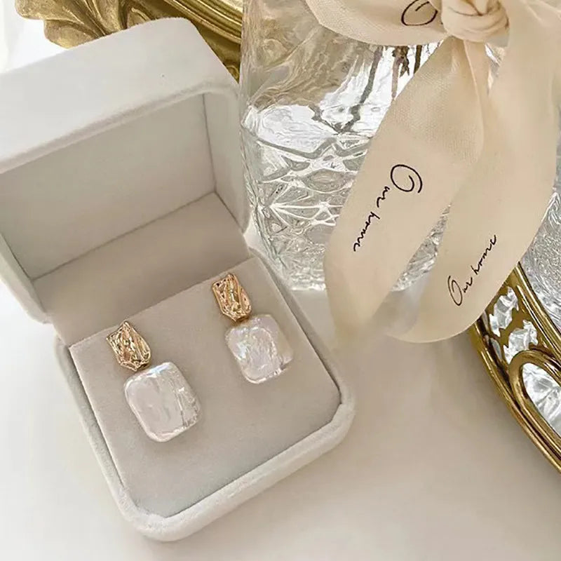 1 pair retro square patchwork freshwater pearl earrings