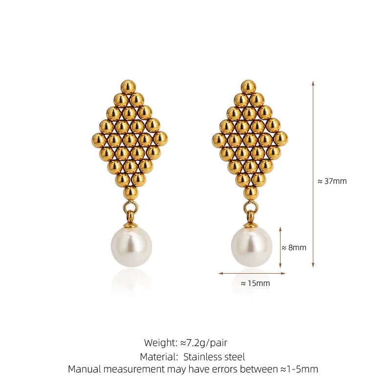 1 Pair Classical Romantic Commute Heart Shape Rhombus Beaded 304 Stainless Steel 18K Gold Plated Drop Earrings