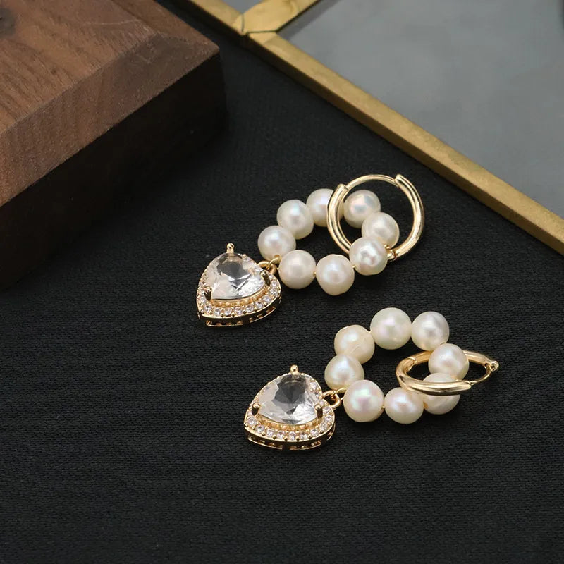1 pair original design heart shape plating freshwater pearl 18k gold plated drop earrings
