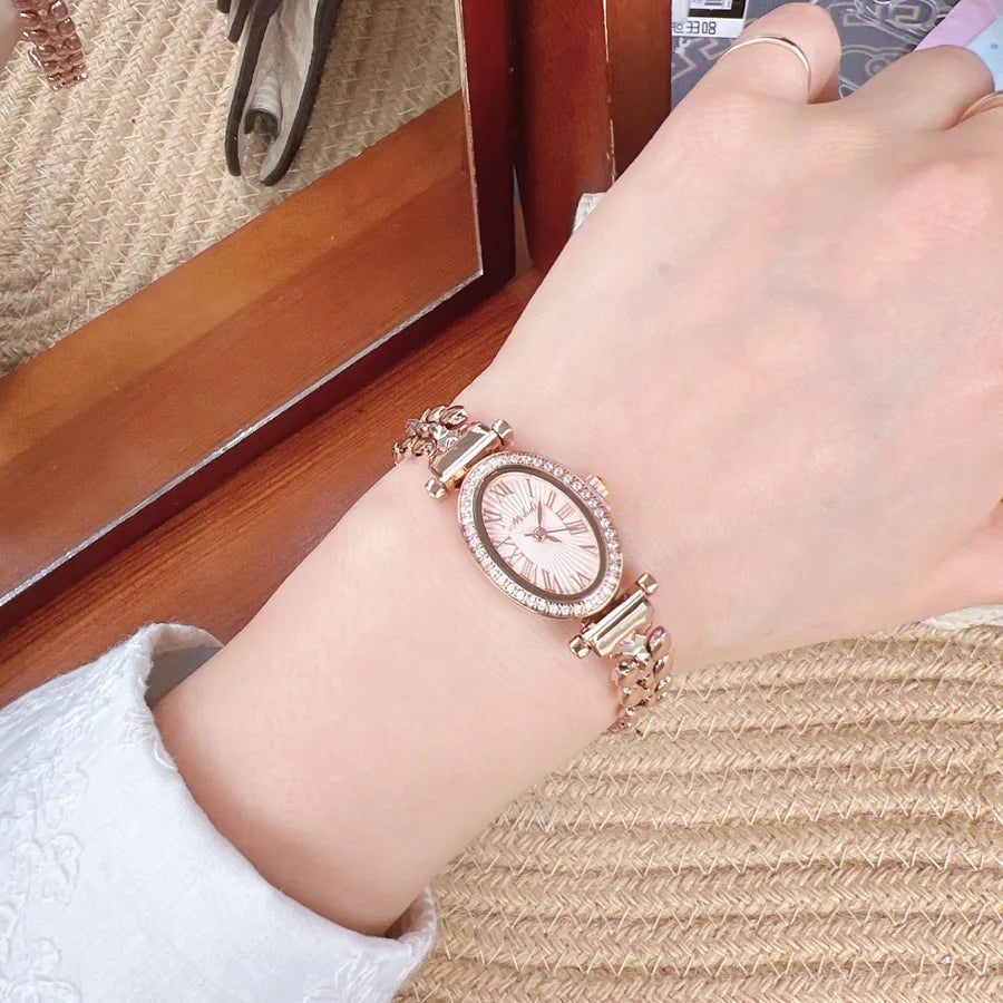 Fashionable Waterproof Quartz Women's Watch Mini Elliptical Dial Diamond Embedded Gold Hand Chain Stainless Steel Strap