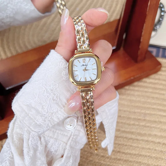 Fashionable Minimalist Square Ladies Quartz Watch Bracelet Stylish Stainless Steel Band Friend Gift Gold Tone Trendy Wristwatch