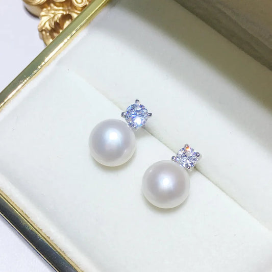 1 Pair Freshwater Pearl Copper Zircon Freshwater pearl earrings Round Ear Studs