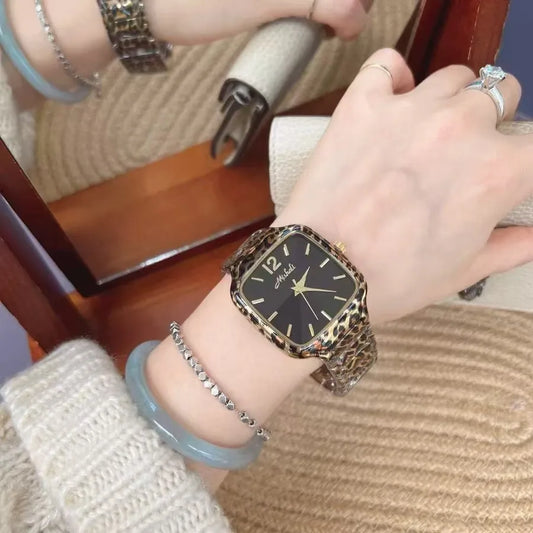 Mishali Square Large Dial Fashionable Women's Watch Stainless Steel Strap Leopard Print Casual Style Quartz Movement Mineral Glass