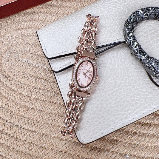 Fashionable Waterproof Quartz Women's Watch Mini Elliptical Dial Diamond Embedded Gold Hand Chain Stainless Steel Strap