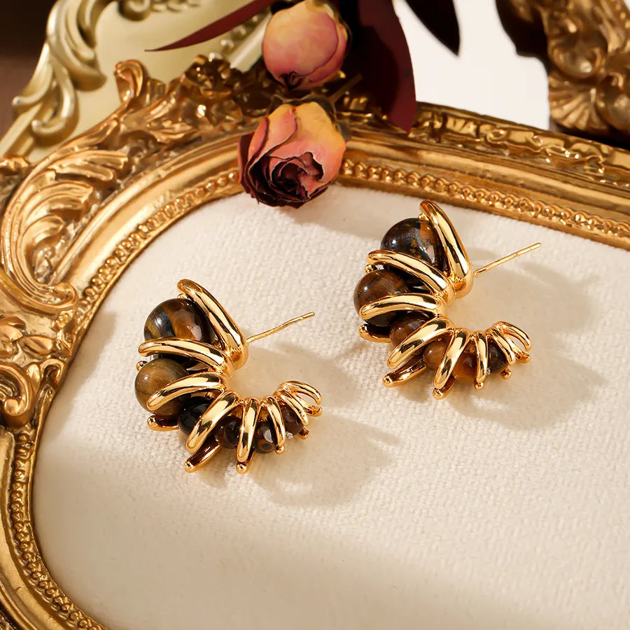 1 Pair Vacation Simple Style Geometric natural stone Copper 18K Gold Plated Ear Studs